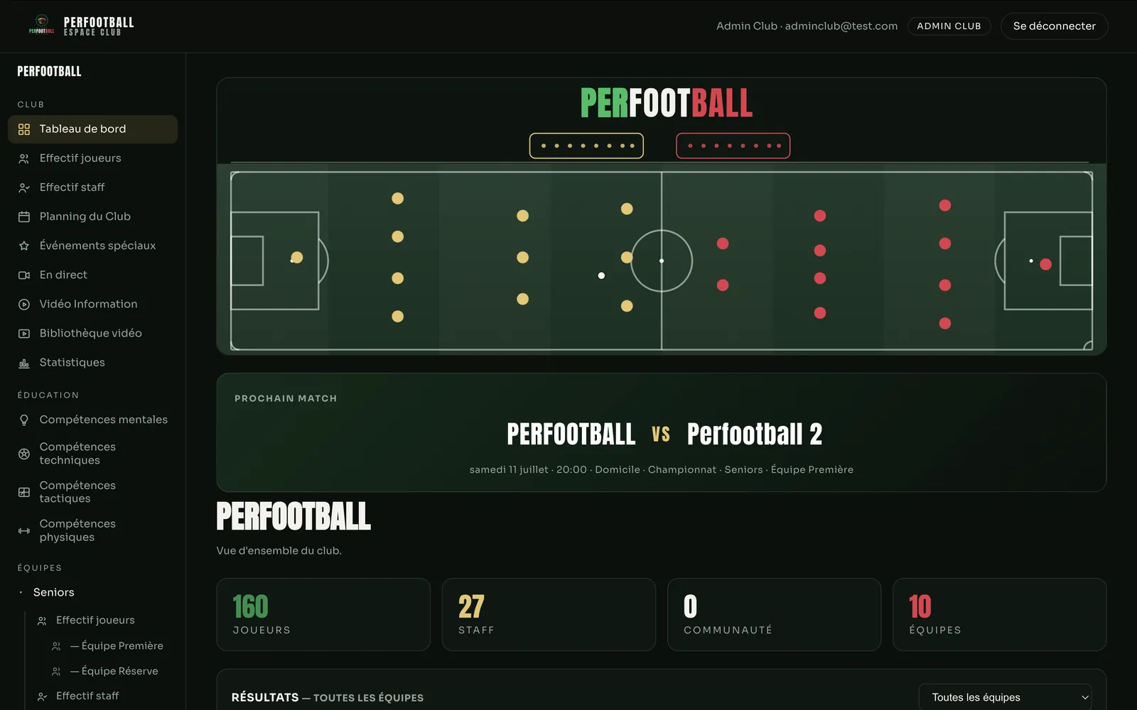 Tableau de bord du club avec le terrain et le prochain match